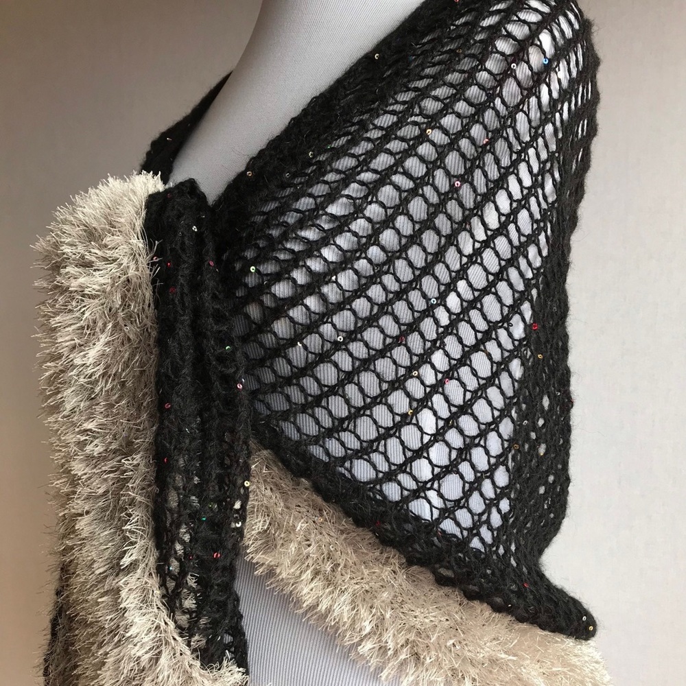 New Hand Knitted Shawl with Fur trim and sequins. Long scarf, Wrap.Gift for Her - Picture 4 of 16